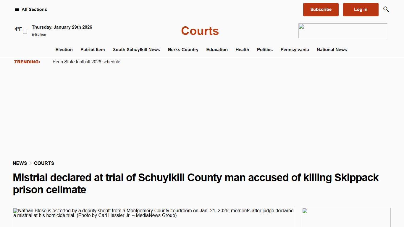 Mistrial declared at trial of Skippack prison inmate accused of killing cellmate