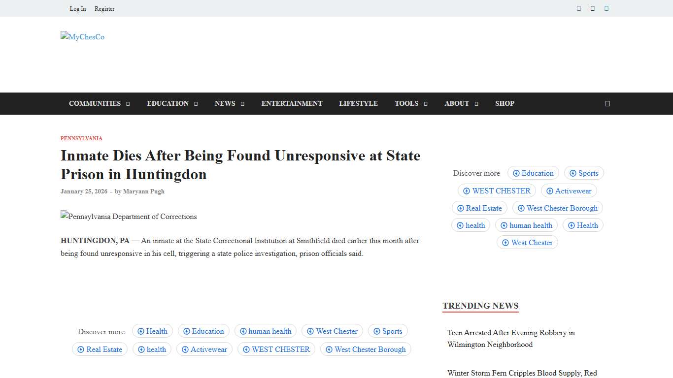 Inmate Dies After Being Found Unresponsive at State Prison in Huntingdon - MyChesCo