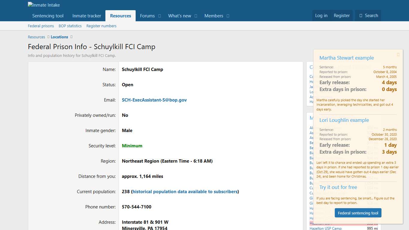 Federal Prison Info - Schuylkill FCI Camp Inmate Intake